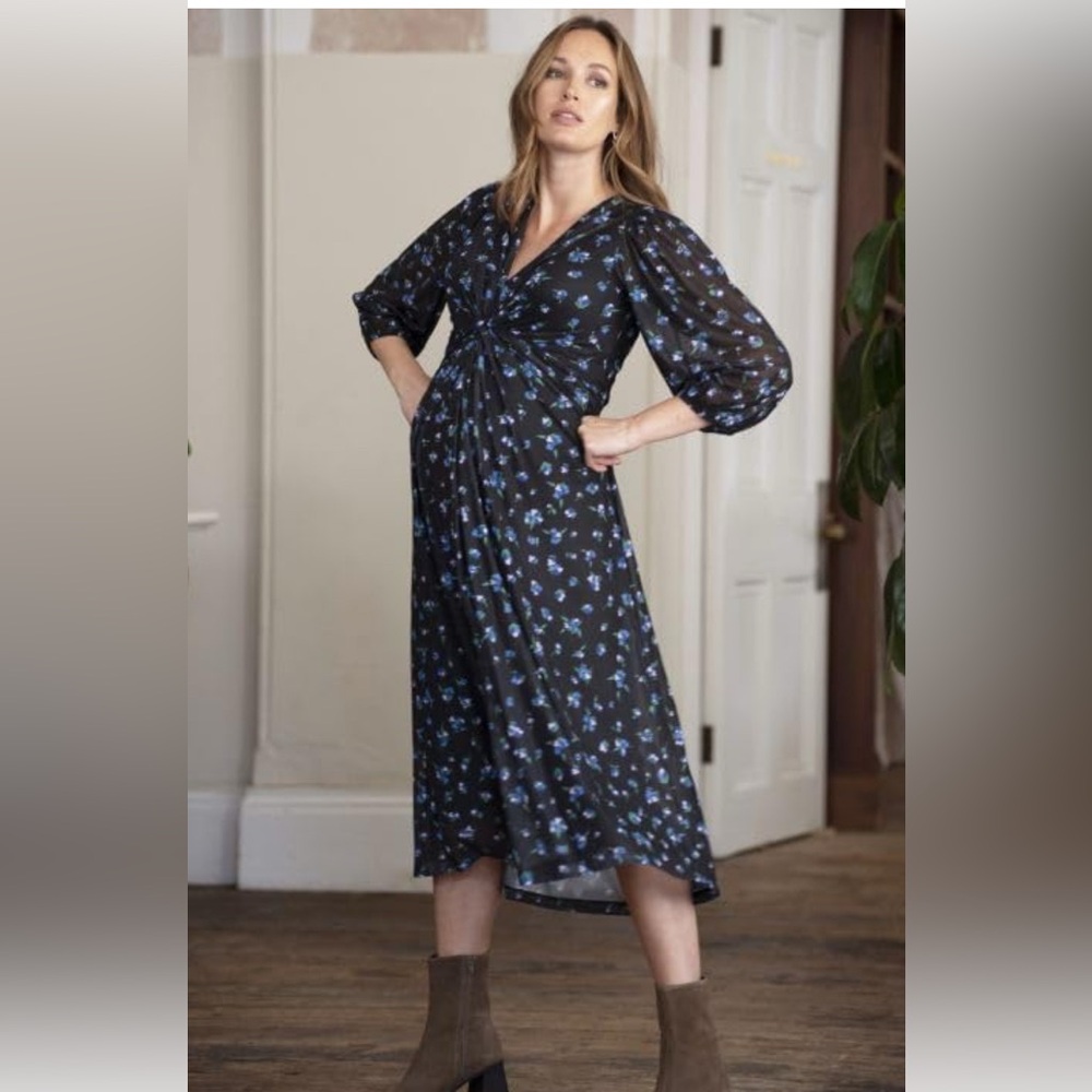 Seraphine Maternity Floral Black Midi Dress Bump Friendly Size 16